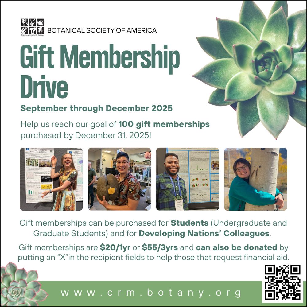 Flyer for the Botanical Society of America’s Gift Membership Drive running September through December 2025. A large green succulent decorates the top right. Text announces the goal of 100 gift memberships purchased by December 31, 2025. Gift memberships can be purchased for students (undergraduate and graduate) and for colleagues in developing nations. They cost $20 for one year or $55 for three years, and can also be donated by marking an “X” in recipient fields for those requesting aid.
Four photos show smiling individuals: a student standing by a research poster, a person holding a large seed or nut, a participant at a conference poster session, and another hugging a tree. A smaller succulent is in the bottom left, and a QR code appears in the bottom right. Website listed: www.crm.botany.org.