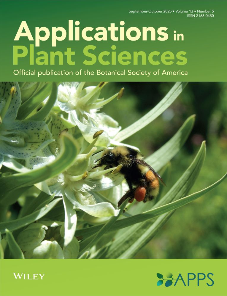The cover of the September-October issue of Applications in Plant Sciences. The photo shows a queen bumble bee (Bombus bifarius) foraging on a pale green and white Frasera speciosa flower, with her proboscis extended into a nectary. Her orange pollen basket is prominently visible on her hind leg. Photo credit: Jane Ogilvie.