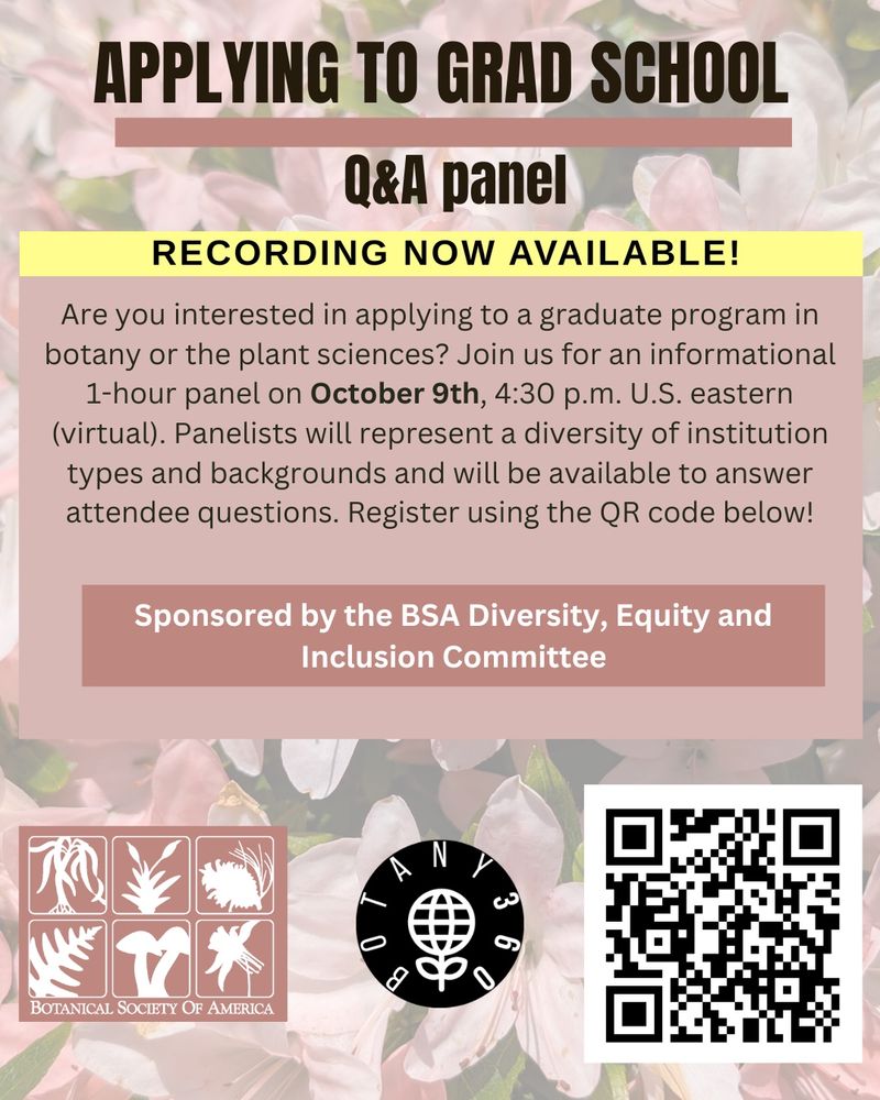 Flyer titled “Applying to Grad School Q&A Panel – Recording Now Available!” on a floral background. Text explains that the panel covers applying to graduate programs in botany or plant sciences, held October 9th at 4:30 p.m. Eastern. Panelists represent diverse institutions and backgrounds. The flyer notes that the recording is now available and the event is sponsored by the Botanical Society of America Diversity, Equity, and Inclusion Committee. Includes BSA and Botany 360 logos and a QR code for access.