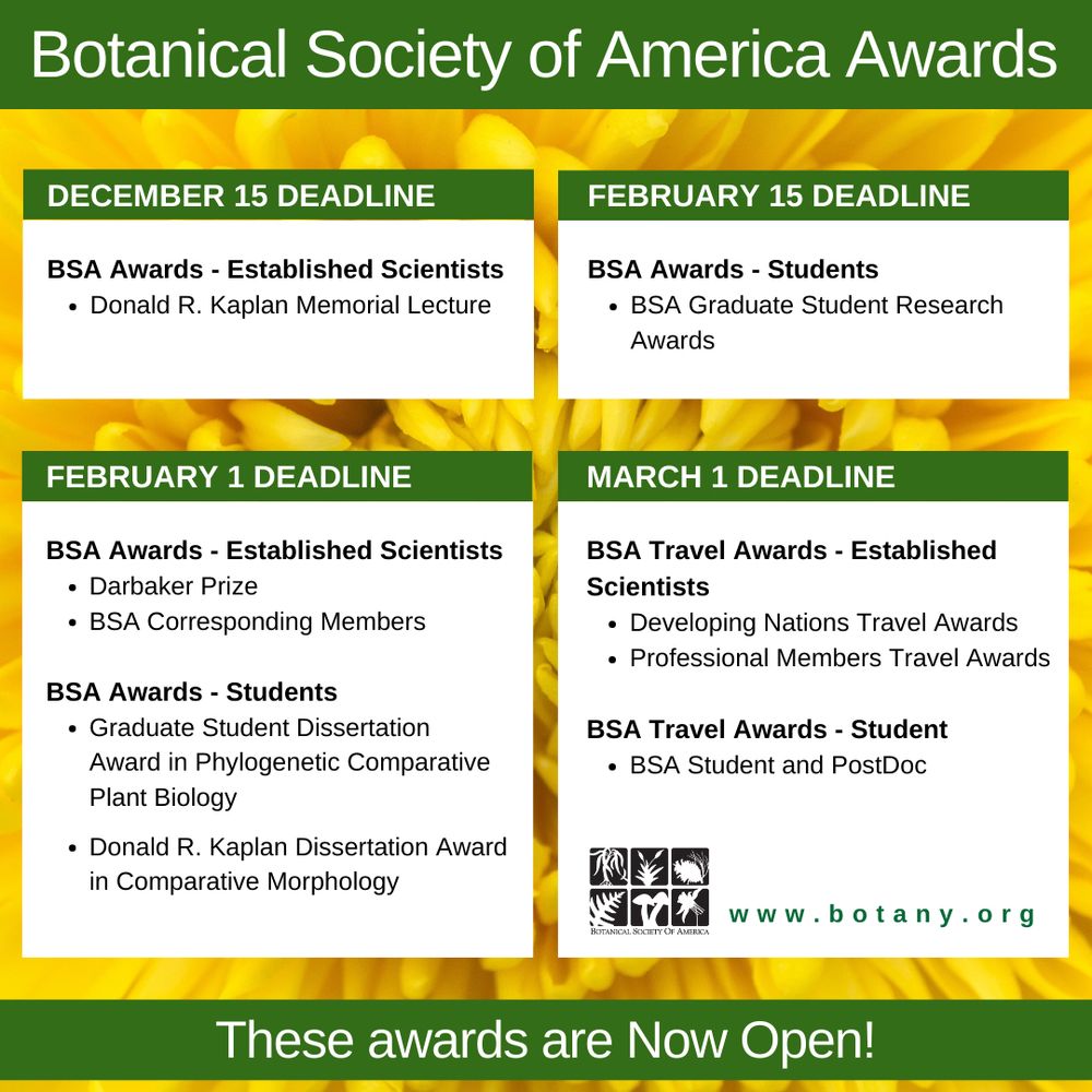 Alt- This image shows a list of BSA awards that are now open. To see that list visit https://botany.org/home/awards.html. The background of this image is a macro view of a yellow flower radiating out from the center.