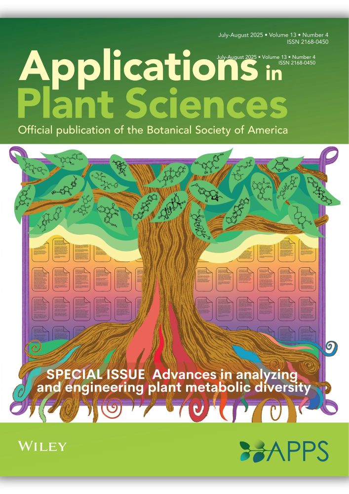 The cover of the July-August issue of Applications in Plant Sciences. The cover image shows an artist’s depiction of the application of large language models (LLMs) in plant metabolic research. Here, the stylized tree—with leaves bearing diverse phytochemical structures, superimposed on representations of scientific article abstracts—represents the organization of the vast array of known plant chemical–plant species connections within the context of the plant tree of life. Image credit: Jenna Armentrout created this image in Adobe Illustrator using hand-drawn materials. 