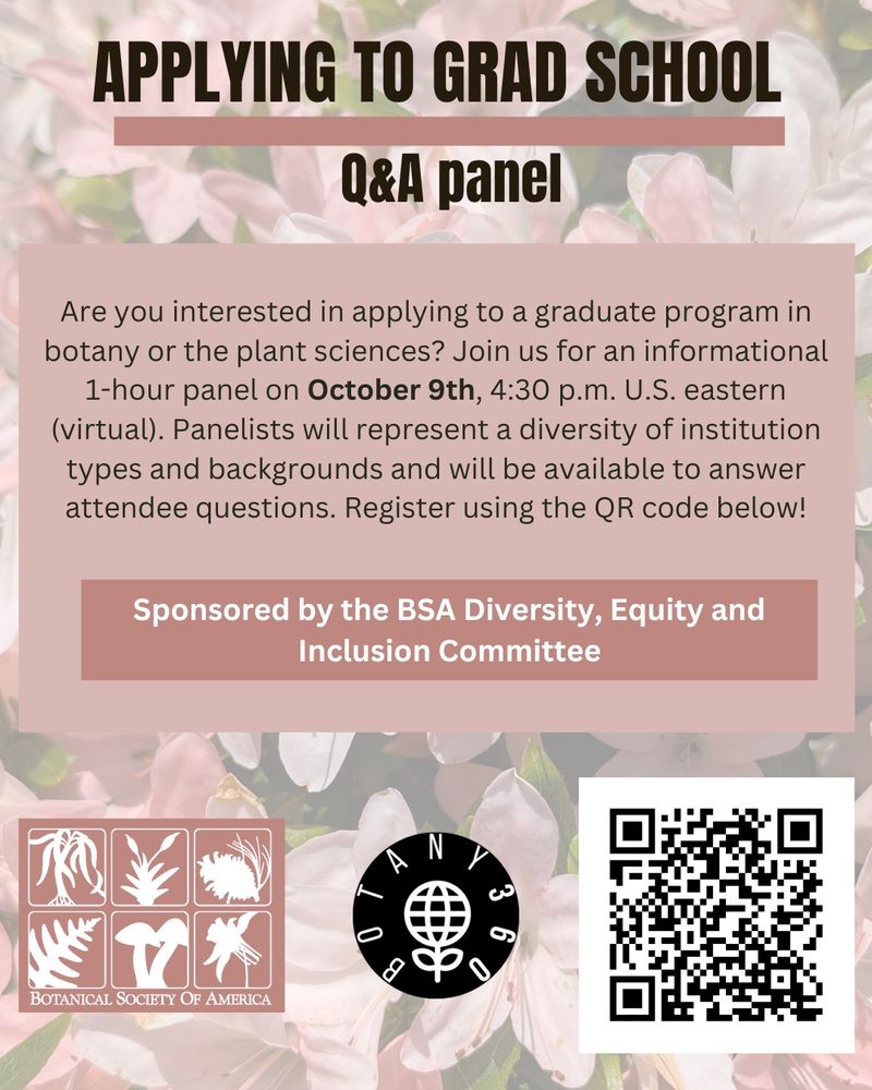 Flyer titled “Applying to Grad School: Q&A Panel.” Background of pale pink and white flowers with a mauve overlay. Text reads:
“Are you interested in applying to a graduate program in botany or the plant sciences? Join us for an informational 1-hour panel on October 9th at 4:30 p.m. U.S. Eastern (virtual). Panelists will represent a diversity of institution types and backgrounds and will be available to answer attendee questions. Register using the QR code below!”
Box at bottom: “Sponsored by the BSA Diversity, Equity and Inclusion Committee.”
Logos of the Botanical Society of America and Botany360 appear at the bottom left, with a QR code at the bottom right.