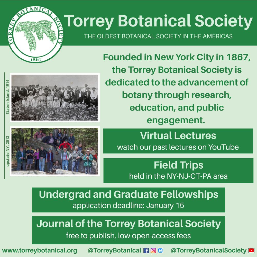 A promotional graphic for the Torrey Botanical Society, the oldest botanical society in the Americas, founded in 1867. The graphic includes the society’s logo and mission statement, highlighting research, education, and public engagement in botany. It features two group photos: one from Staten Island in 1914 and another from upstate New York in 2012. The ad promotes virtual lectures on YouTube, regional field trips, undergraduate and graduate fellowships (deadline January 15), and their free-to-publish, open-access journal. Social media handles and website listed at the bottom.