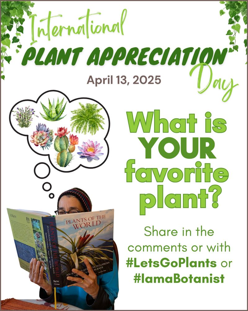 This image shows Brenda Molano-Flores deep in thought looking at a plant themed book with a thought bubble with lots of different plants inside. The text says International Plant Appreciation Day, April 13, 2025. What is YOUR favorite plant? Share in the comments of with #LetsGoPlants or #IamaBotanist.

