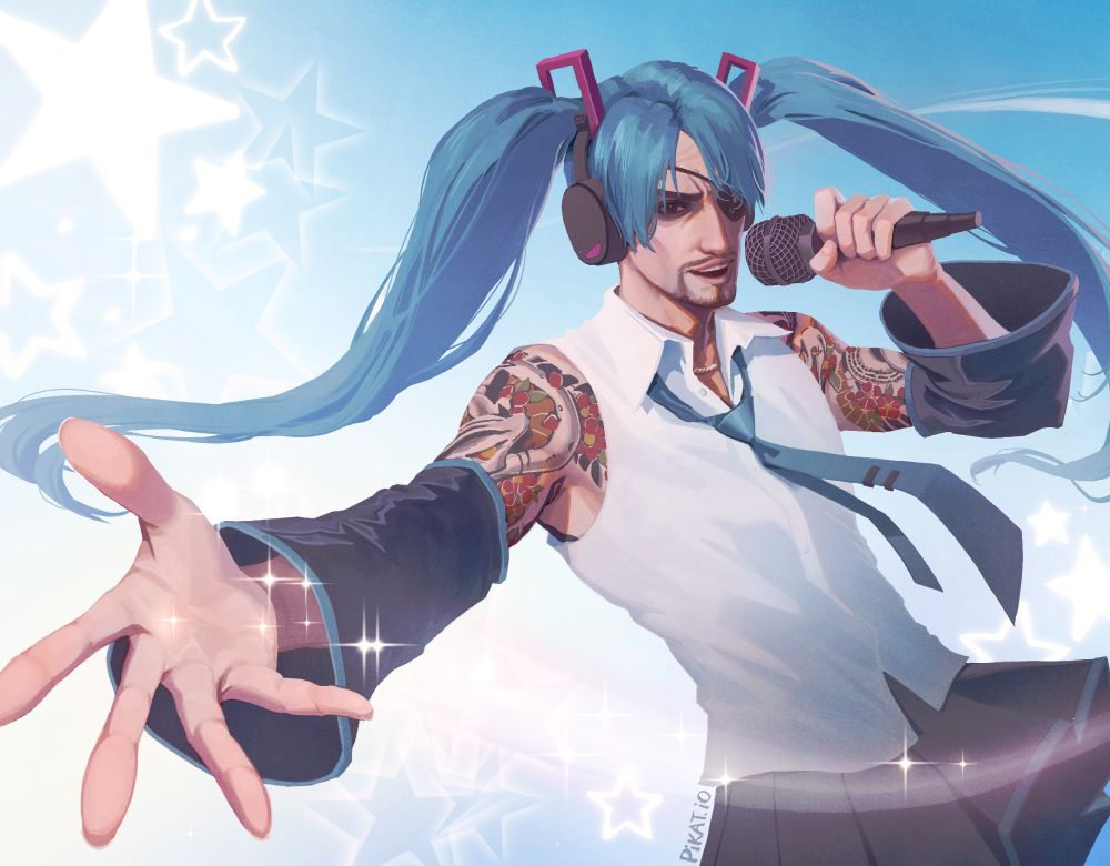 majima goro from the like a dragon/yakuza series dressed as hatsune miku