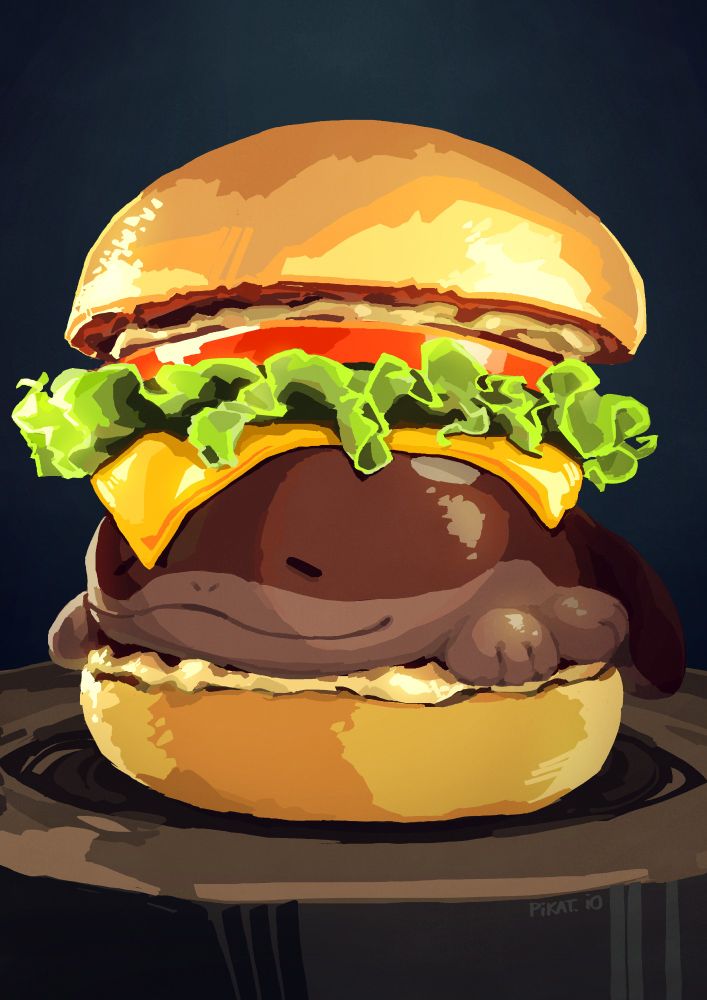 it's a hamburger! except instead of a beef patty, it's the pokemon clodsire. he looks content because he knows we aren't going to eat him.
