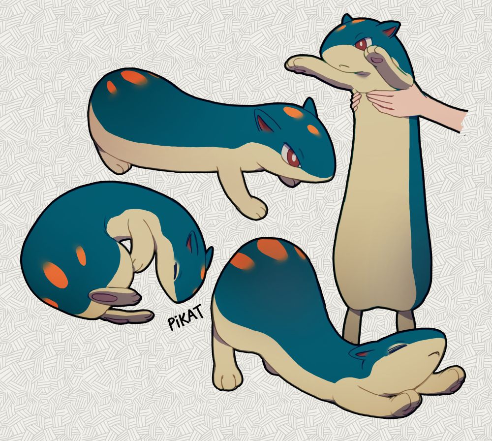 several illustrations of mon bebou, feurisson, sans feu. quilava without fire. he is bald, and he is good.