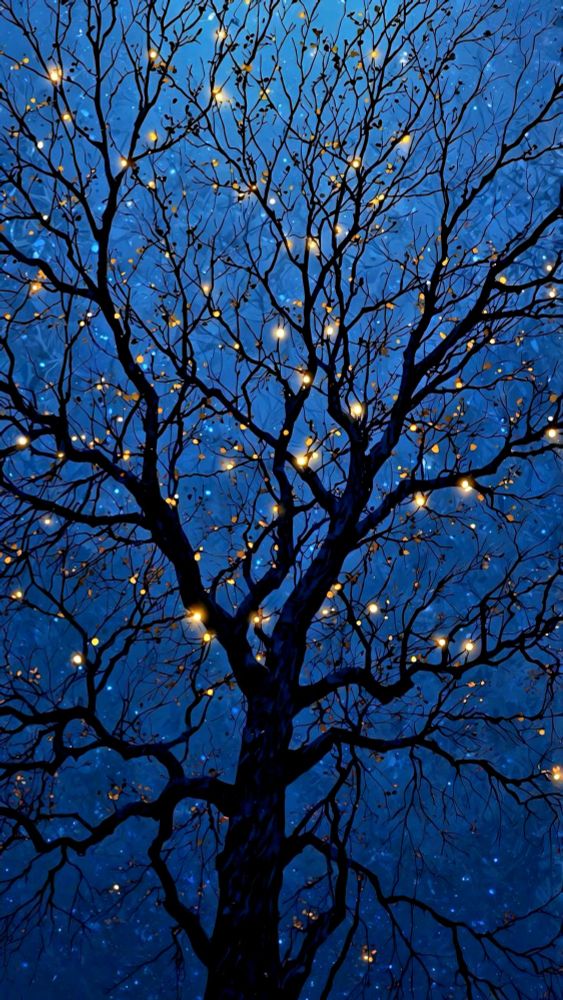 Kahler Baum mit vielen Lichtern in den Ästen vor Nachthimmel. Bild von Pinterest.