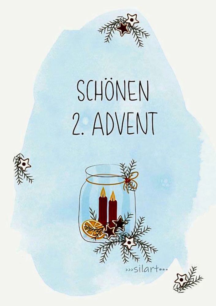 Eine Illustration eines Glases nur zwei roten Kerzen, einer Orangenscheibe, zwei Sternchen und etwas Tannengrün darin. Darüber steht: Schönen 2. Advent. Bild von Pinterest.