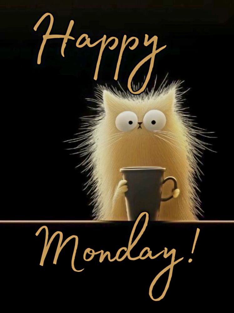 Bild einer fluffigen weißen Cartoonkatze, die einen Becher in den kleinen Pfoten hält. Über und unter ihr steht Happy Monday! Bild von Pinterest.