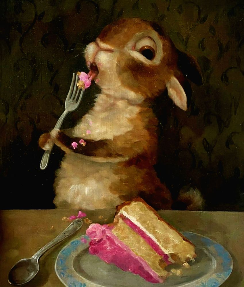 Gemaltes Bild eines süßen Hasen, der einen Teller mit einem großen Stück Kuchen vor sich stehen hat, eine Gabel mit einem Happen davon in den Pfoten hält und dabei ist, diesen zu essen. Bild von Pinterest.