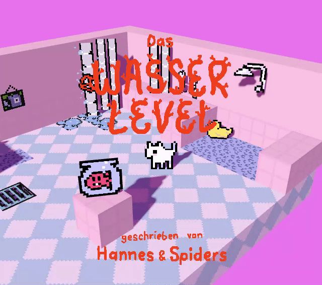 the text "das wasserlevel" in front of doggo inside a bathroom