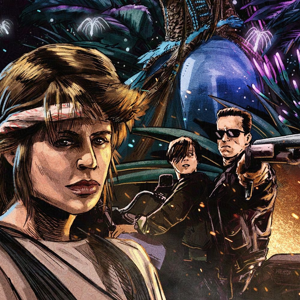 Cover illustration for a book on director James Cameron's filmography, exploring the different worlds of his films. The illustration shows the director at the center of the book, immersed in the different universes and characters that mingle around him. Here's a close-up of the illustration featuring a portrait of the character of Sarah Connor, with John Connor and the T-800 on a motorcycle in the background, from the Terminator 1 & 2 films.