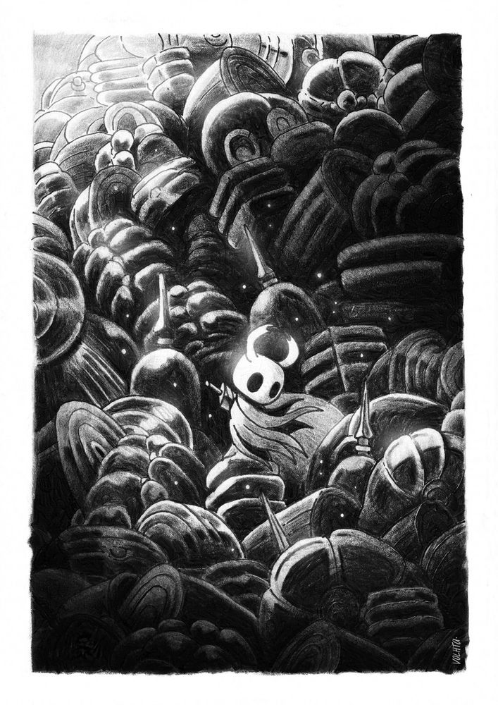 Photo d'une illustration originale, dessinée sur un format A5 au feutre et crayon noir. L'illustration est tirée du jeu Hollow Knight, on y voit le protagoniste du jeu au centre de l'illustration, dans une pose pensive et mélancolique, sa cape flottant au vent. Le personnage est au milieu d'un décor très chargé, comme perdu dans tous ses éléments. Un rayon de lumière doux vient éclairer le personnage et le centre de l'illustration.