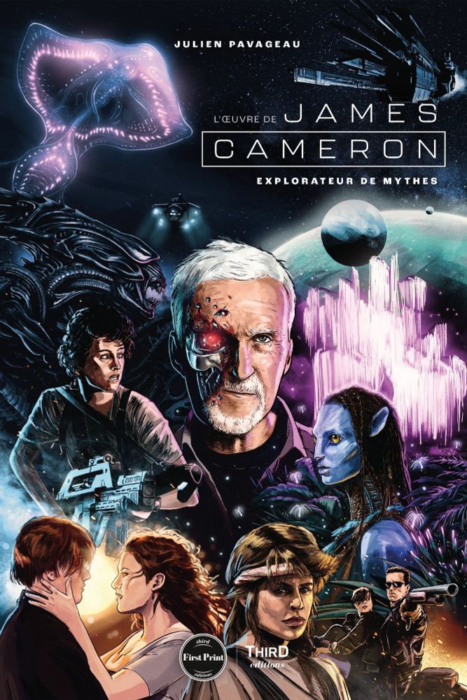 Image of an illustrated cover for a book on the world of director James Cameron. The book is entitled “L'oeuvre de James Cameron / Explorateur de mythes”, and its author is Julien Pavageau, published by Third Edition. The cover illustration features a central portrait of the director, immersed all around him with recognizable elements and characters from his films. Jack and Rose from Titanic, Sarah Connor from Terminator, Neytiri from Avatar, Ellen Ripley from Alien and the creature from Abyss. The background is dark, like space or the abyss, from which the characters and elements emerge in bursts of light and color.