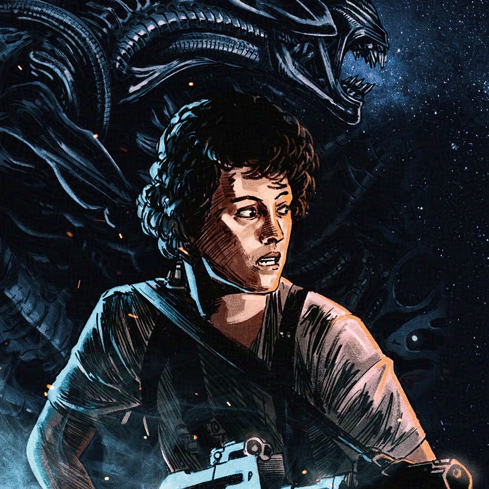 Cover illustration for a book on director James Cameron's filmography, exploring the different worlds of his films. The illustration shows the director at the center of the book, immersed in the different universes and characters that mingle around him. Here's a close-up of the illustration featuring a portrait of the character Ellen Ripley with the Alien Queen behind her, from the film Aliens.