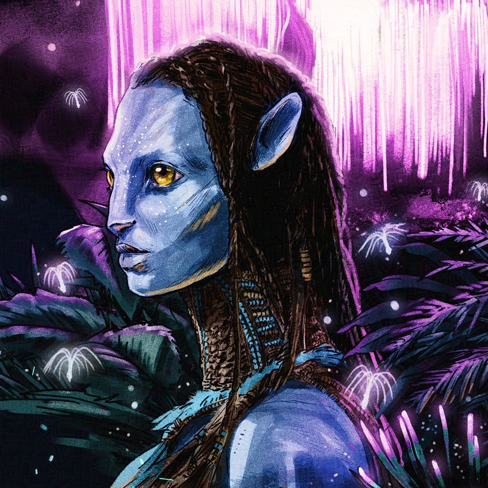 Cover illustration for a book on director James Cameron's filmography, exploring the different worlds of his films. The illustration shows the director at the center of the book, immersed in the different universes and characters that mingle around him. Here's a close-up of the illustration featuring a portrait of the character Neytiri from the Avatar saga