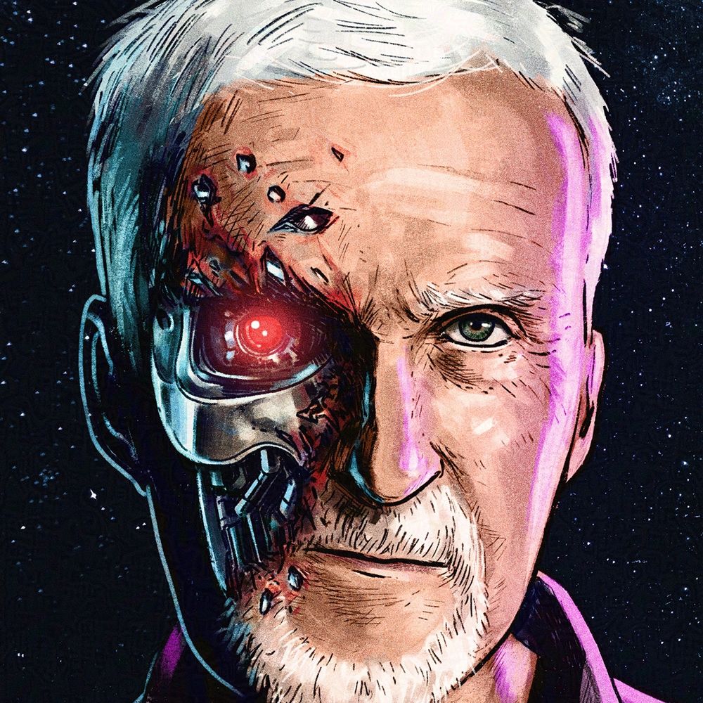 Cover illustration for a book on director James Cameron's filmography, exploring the different worlds of his films. The illustration shows the director at the center of the book, immersed in the different universes and characters that mingle around him. Here's a close-up of the illustration featuring a portrait of James Cameron. His face on the left is partly shredded, revealing a robotic, metallic face underneath, like the Terminator character in his films.