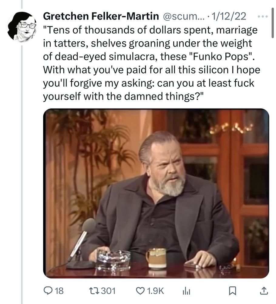 Color photo of Orson Welles being interviewed in 1982