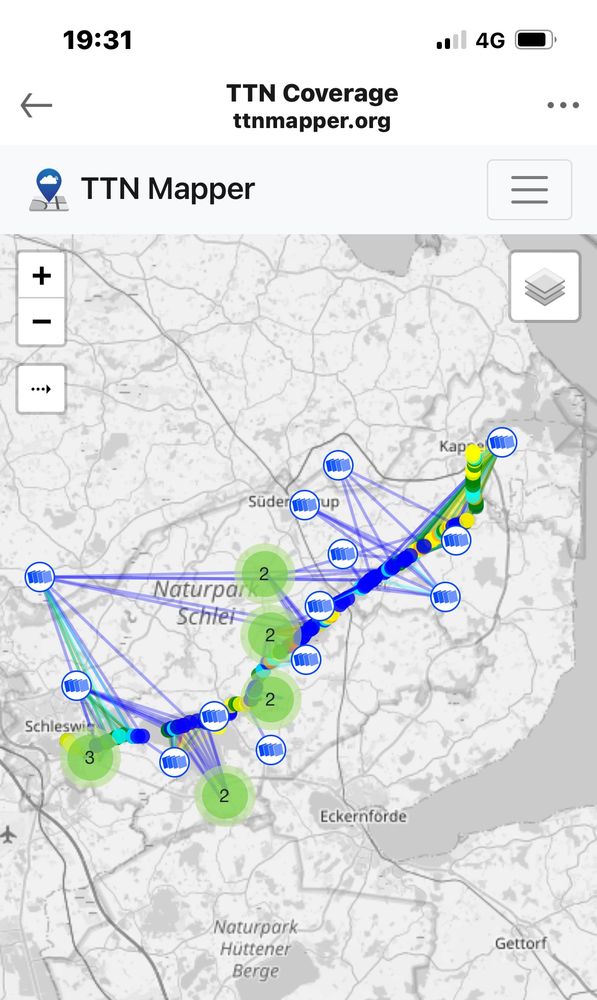 Karte der Schlei mit den LoRaWAN-Gateways und der Verbindungsqualität von den einzelnen Punkten der Tour