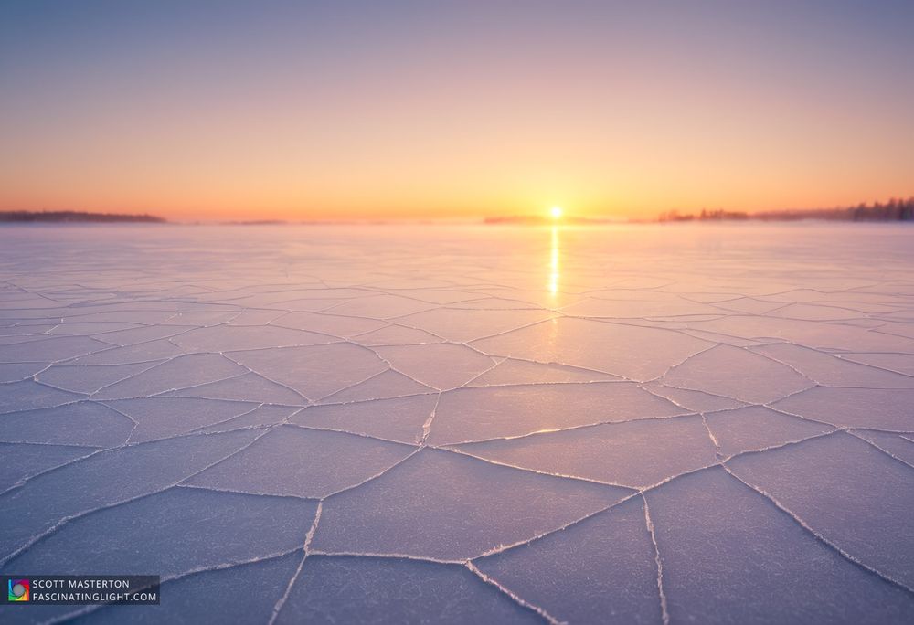 󠁼Frozen Cracks create patterns in the ice on the surface of a frozen lake.