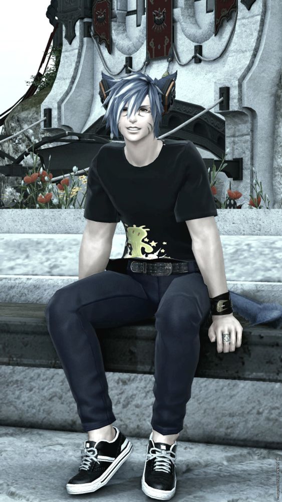 Full body angle of Mallo on a bench