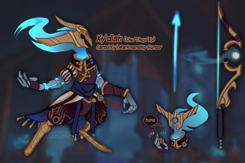 Xy'diah (Ze-day-ah) pronouns, she/they/xy. Cartel Xy, Marksmanship hunter

A broker from world of warcraft, she has an elongated square face that looks like a slug from the front with antenna. Her outfit is maroon, gold, purple, black and white. There is a small headshot in the corner, and a bow and arrow.