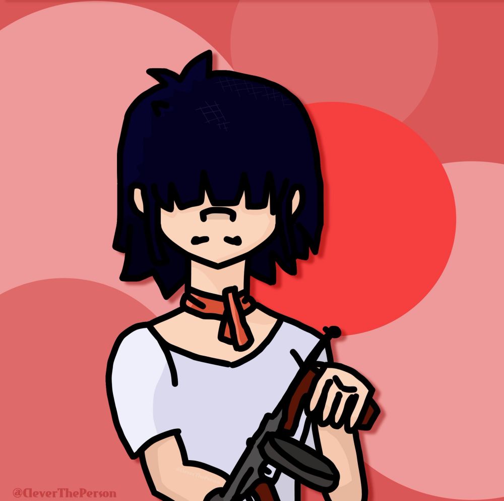Phase 3 Noodle holding a Tommy Gun (drawn by me)