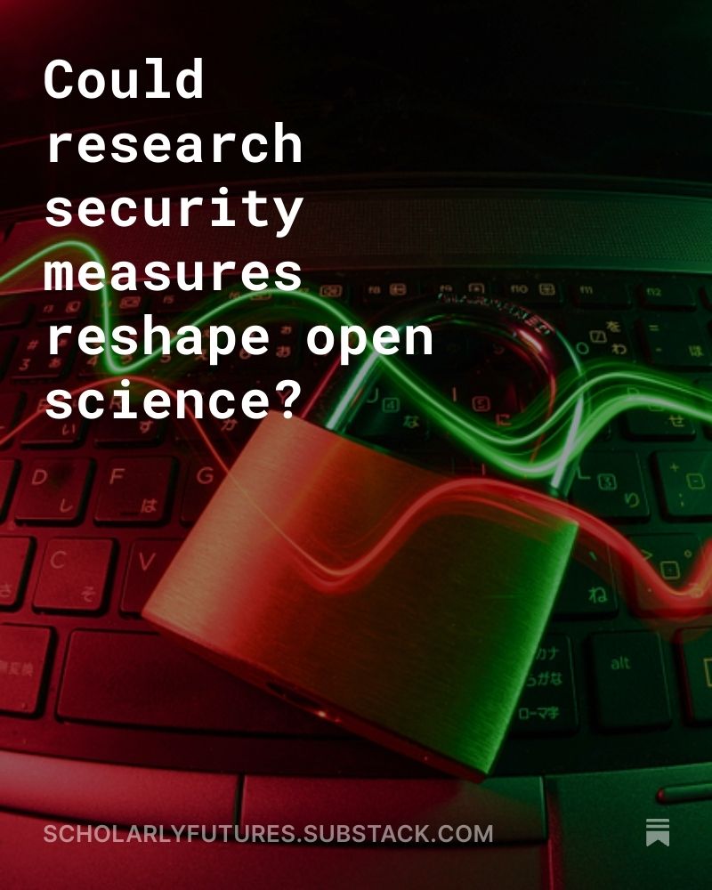A padlock on a keyboard with red and green neon light trains. White text over the image reads: Could research security measures reshape open science?