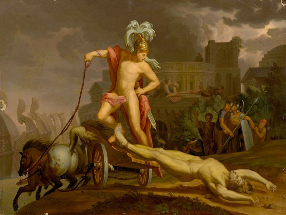 Franz Sales Lochbihler's painting of Achilles dragging the body of Hector behind his chariot. Both men are stylized in the nude, though Achilles is draped in a tastefully placed salmon-colored cloth and wears a grand be-feathered helmet. Hector's body slides along the ground behind the chariot, his arms hanging above his head. 