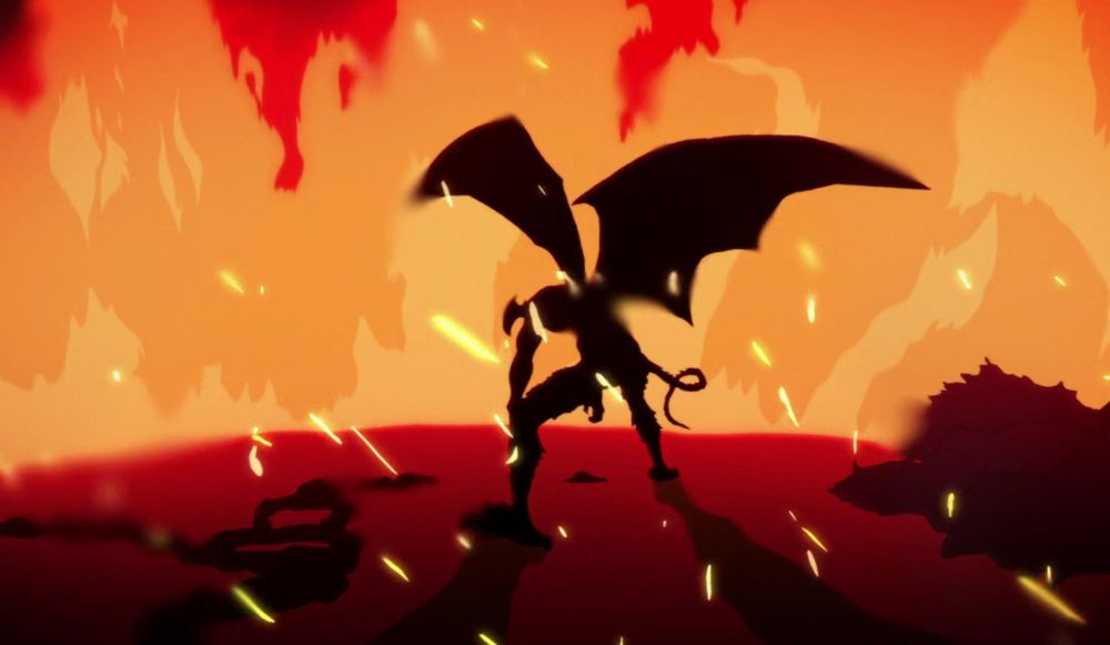 A devil backlit by an enormous fire