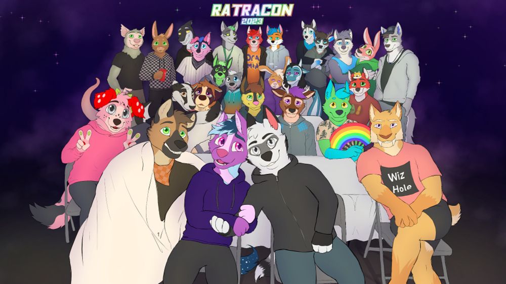 Group photo of all attendants of Ratracon 2023 as their fursona