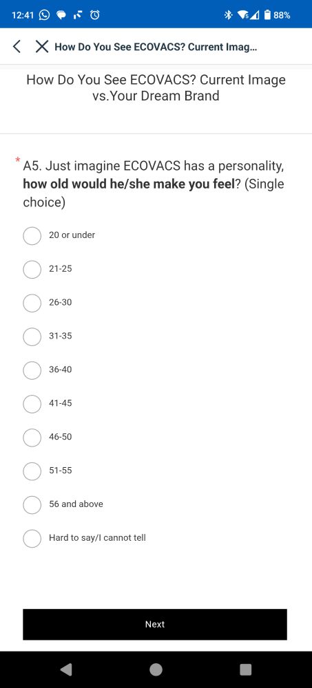 A screenshot of a survey from ECOVACS, asking the question "just imagine ECOVACS has a personality, how old would he/she make you feel?"