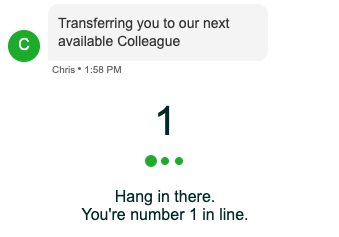 A screenshot from a customer support chat. It says "Transferring you to our next available Colleague" and "Hang in there. You're number 1 in the line."