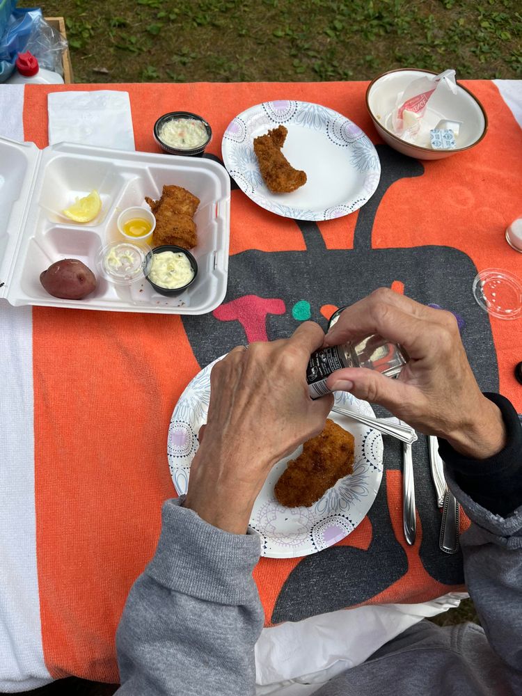 This photo shows someone [it’s Lynn!] enjoying fried fish at an outdoor meal. [Lynn] , wearing a gray sweater, is seated at a table covered with a bright orange tablecloth and is seasoning their food with pepper from a small shaker.

The meal is served on decorative white plates with a geometric pattern. There are several pieces of golden-brown fried fish - one on the person’s plate and another on a separate plate. A styrofoam takeout container sits on the table containing additional fried fish, lemon wedges, and coleslaw in small containers, and what might be a dinner roll.

The table setting includes silverware, a small bowl containing tartar sauce, and a larger bowl in the background. There’s also a glass visible on the table. The scene takes place outdoors, with grass and some foliage visible in the background, suggesting this might be a casual outdoor gathering centered around a fish fry.​​​​​​​​​​​​​​​​