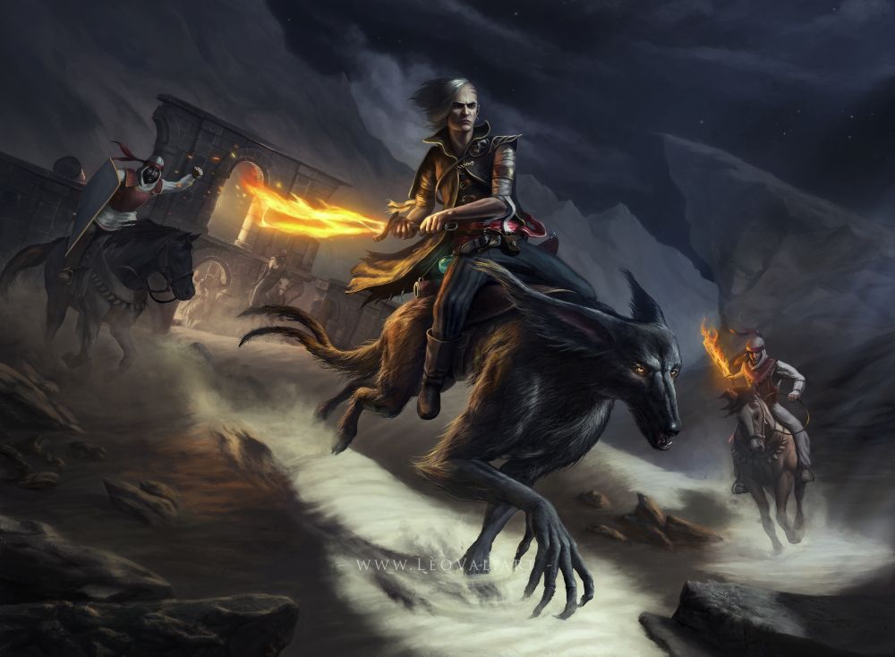An adventurer riding a very large dog is wielding a fire sword he stole from a warrior horse rider behind him. The dog has a human-ish hands instead of paws but the back legs are normal for a dog. Another warrior on the right wielding a fire sword is chasing the hero as well. In the distance there are ruins from where more warriors are chasing the hero and behind the ruins are distant mountains. The moon light is casting through clouds lighting the scene. It is a starry moonlit night in the mountainous desert.