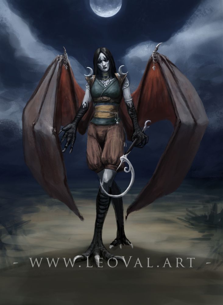 A leathery winged humanoid with bird claws as feet and hands standing under moon light wielding a thin sickle weapon reminiscent of a crescent moon.