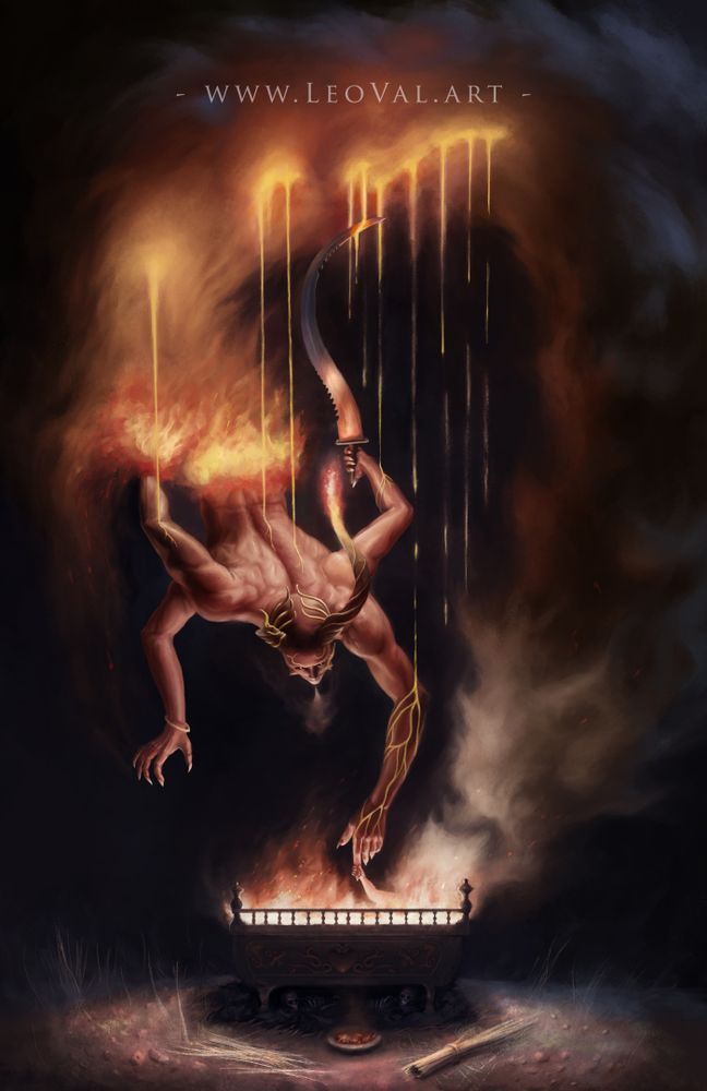 A red skinned god of fire emerging out of a pillar of smoke, oozing out molten gold, reaching his hand to a crib that is in flames. From the crib a small infant hand is holding the god's index finger. Underneath the crib is a set of failed sacrifices and next to it some fire starters and ritual incense.