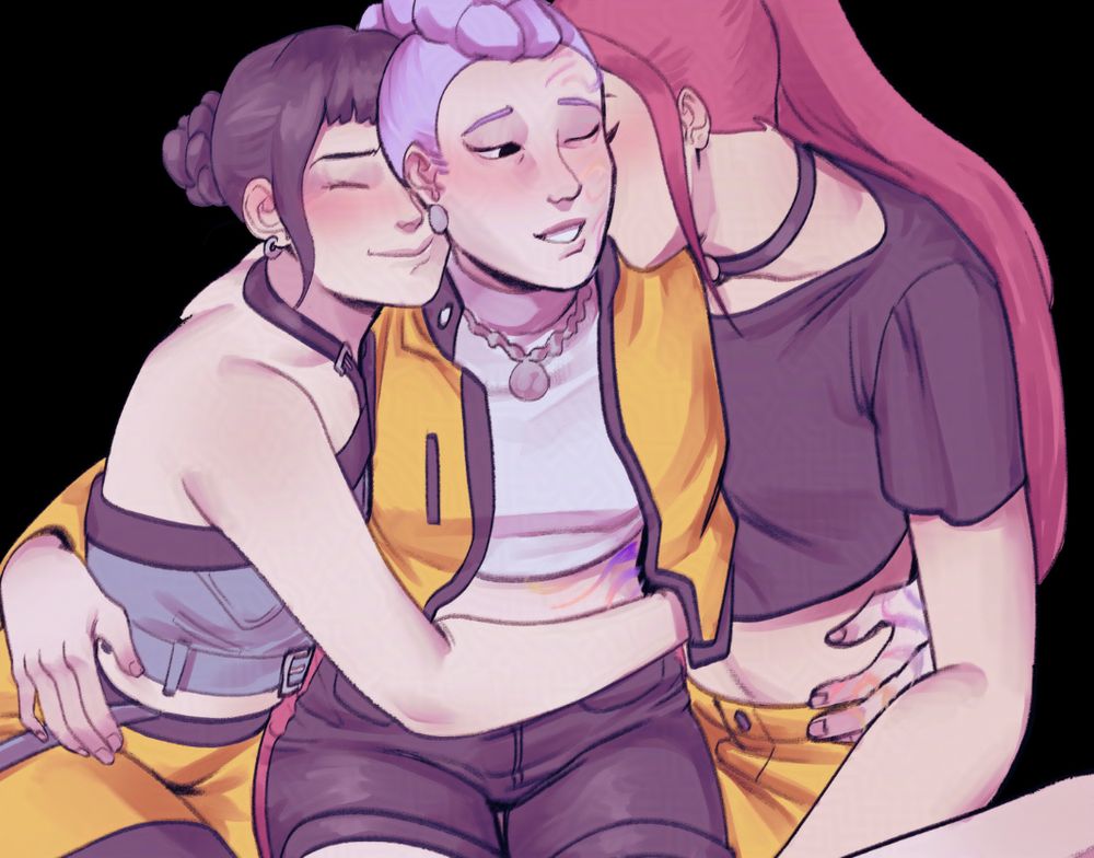 Colored sketch featuring the Kpop Demon Hunters stars, Rumi, Mia and Zoe. Rumi and Mira are both hugging Rumi from either side, whose demon patters are visibly covering parts of her face hand and torso.