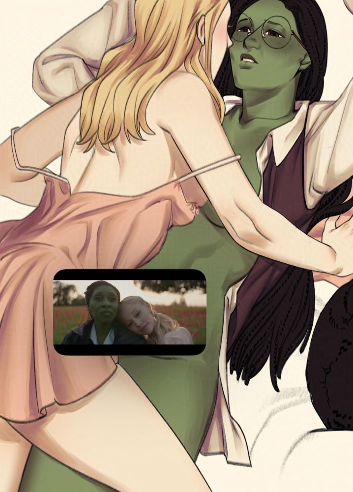 Glinda straddling Elphaba from Wicked