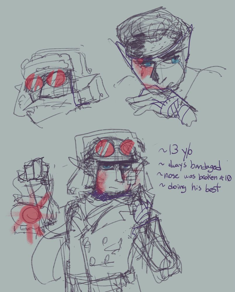 Sketches of a younger Nikolai, banged up and tired
