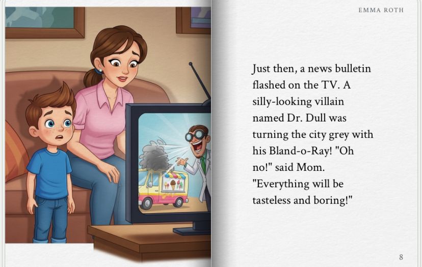 Image from the article, in recognizably awful AI plasticine aesthetic, of woman and child on couch watching a tv facing the wrong direction:

“Just then, a news bulletin flashed on the TV. A silly-looking villain named Dr. Dull was turning the city grey with his Bland-O-Ray! “Oh no!,” said Mom. “Everything will be tasteless and boring!”