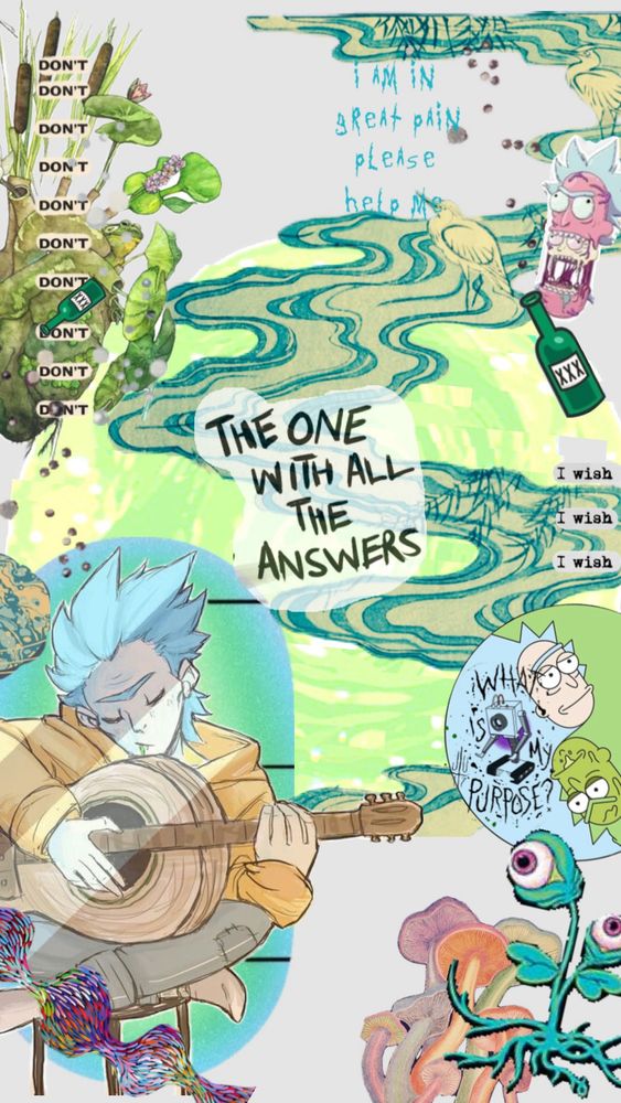 collage of rick and morty inspired pieces, i wanted to focus on the themes of depression and existential anxiety thru the show. center text says “the one with all the answers” 

- cutout artwork not mine, i made the collage.