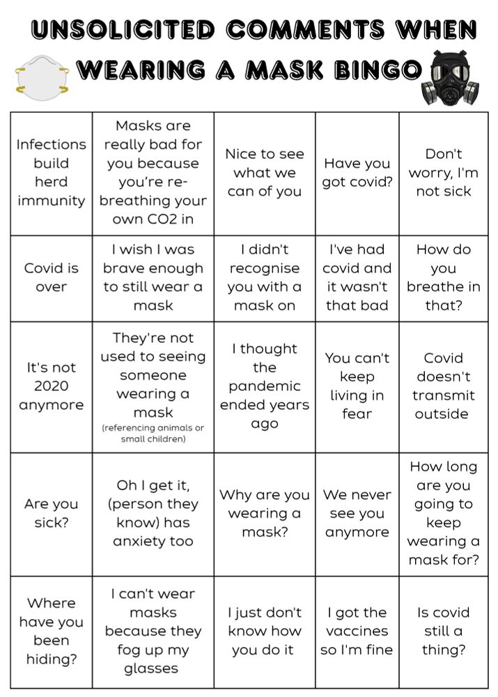 A bingo style card with a 5x5 grid, each with a different phrase that someone might say to a person wearing a mask in 2025. 
