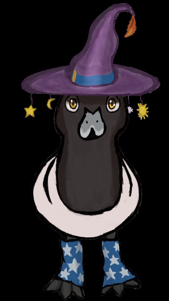 Dessin d'un écuyer.es sona de classe magicien.ne ! Avec un chapeau de magicien.ne et des chausettes bleu à étoiles !