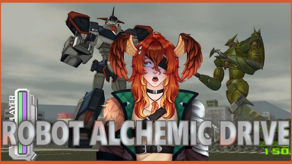 Miniature pour le stream du vtuber knight_percy. On y aperçoit Percy au milieu, visiblement intimidé, avec deux robots géants en fond et le texte : ROBOT ALCHEMIC DRIVE au milieu. 