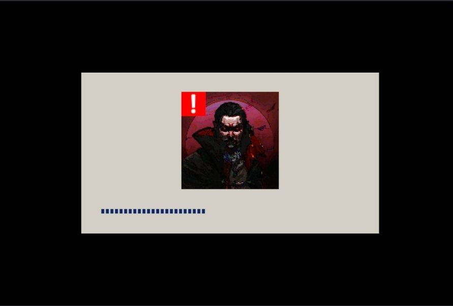 A black screen with beige inlay. A square version of the game logo is in the center with a red and white '!', and a series of dots forming a progress bar below.