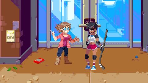 Against a background of River City High's entrance doors, a sprite of Joyce from Dumbing Of Age excitedly talking to an unimpressed looking Yoko from the first game.