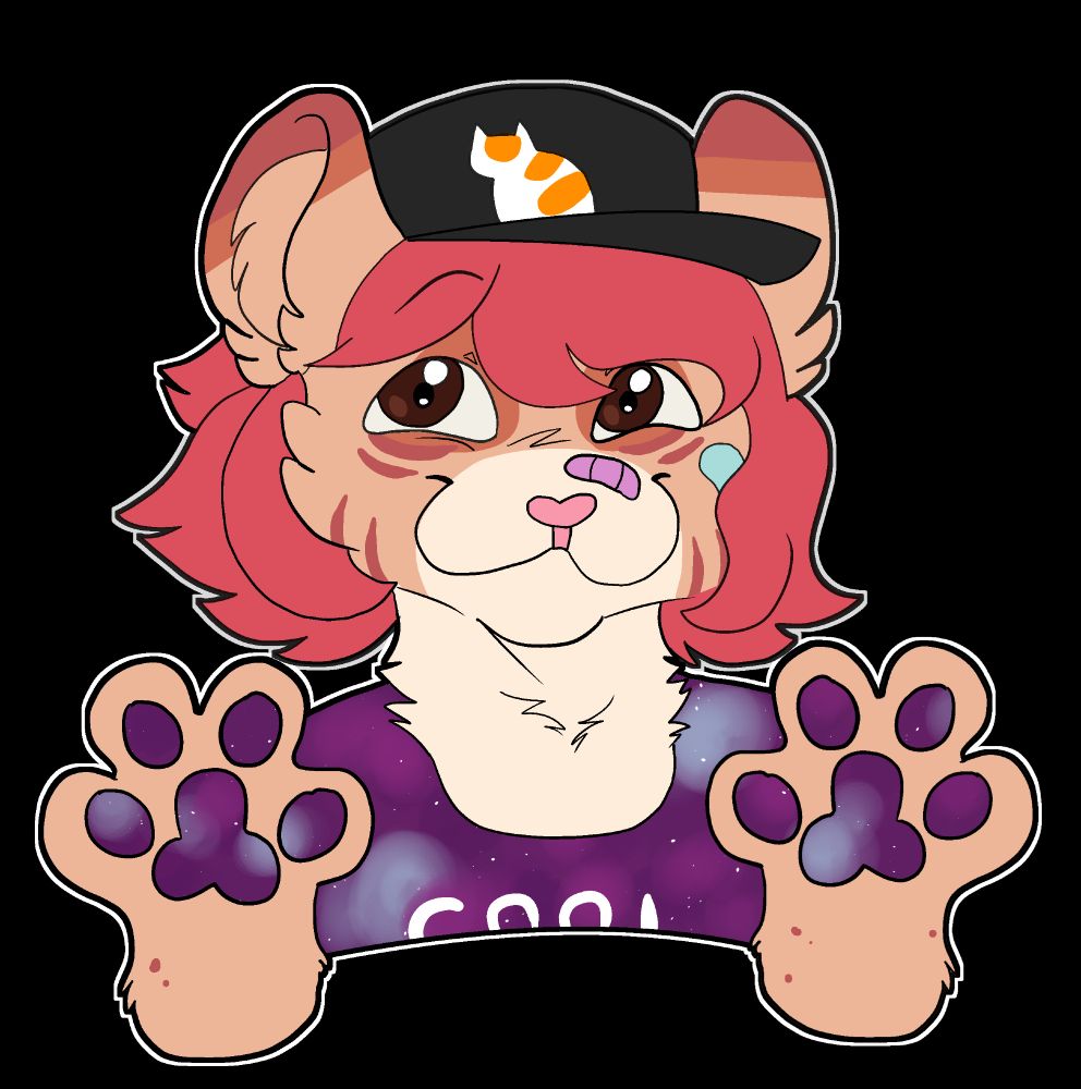 An orange and red ocelot anthro with a black cap and a galaxy shirt/paw pads! Bust shot, smiling at the camera