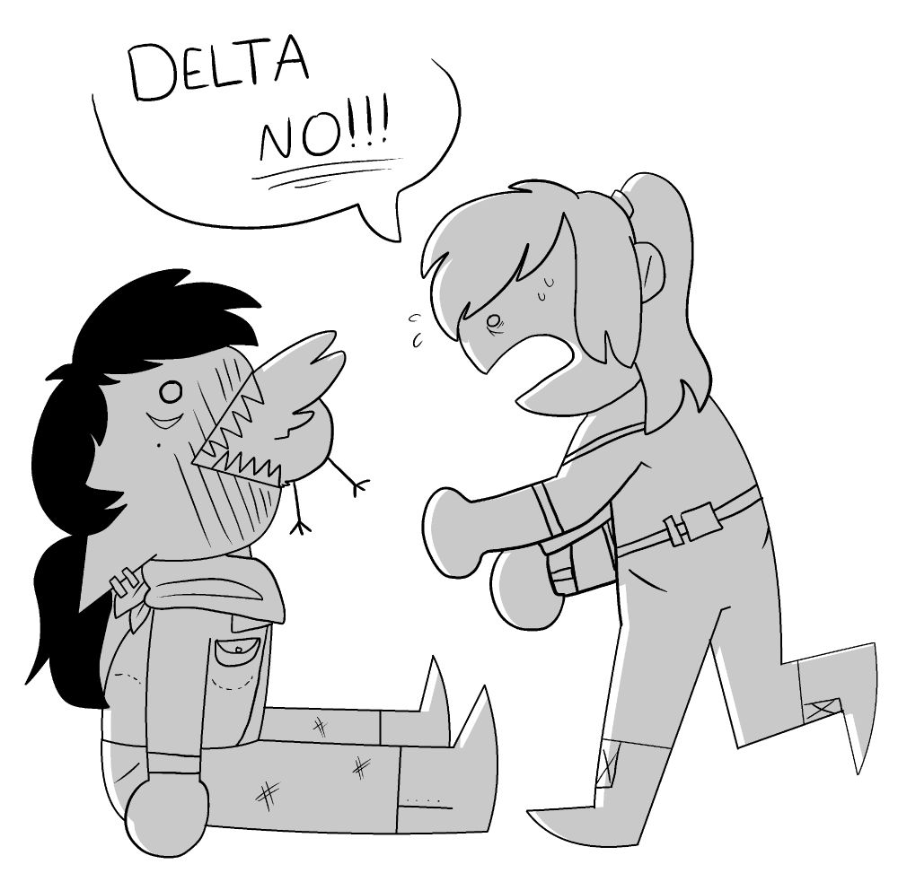 My character 'Delta' (he/him) sitting on his ass with a live chicken in his drooling maw, while his buddy Molly (she/her) panics and screams "DELTA NO!!!"